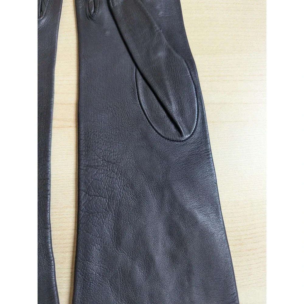 Vintage Black Leather Opera Length Gloves Floral Lace Cutout Unlined Evening